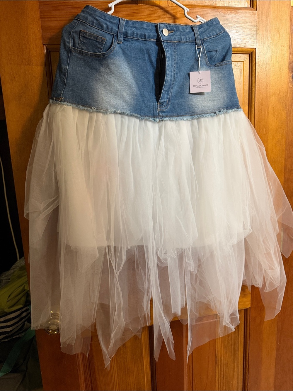 Denim Waist White Tulle High-Low Skirt